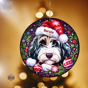 Merle Bernedoodle ceramic ornament with one blue eye and one brown eye!