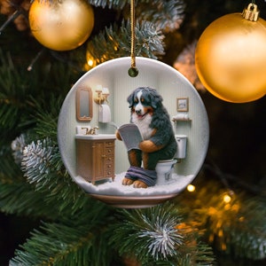 Bernese Mountain Dog Sitting on Toilet Scene Ceramic Ornament, Dog Bathroom Art, Pup Restroom Gifts, Dog Reading a Magazine, Trendy Dog Gift