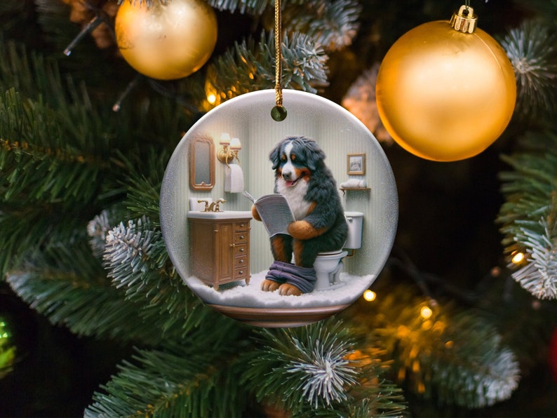 Bernese Mountain Dog Sitting on Toilet Scene Ceramic Ornament, Dog Bathroom Art, Pup Restroom Gifts, Dog Reading a Magazine, Trendy Dog Gift