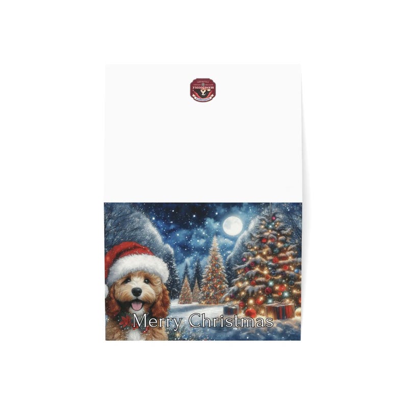 Cute Dog in Santa Hat Christmas Card, Festive Holiday Greeting Card, Merry Christmas Card, Winter Wonderland Scene, Seasonal Card