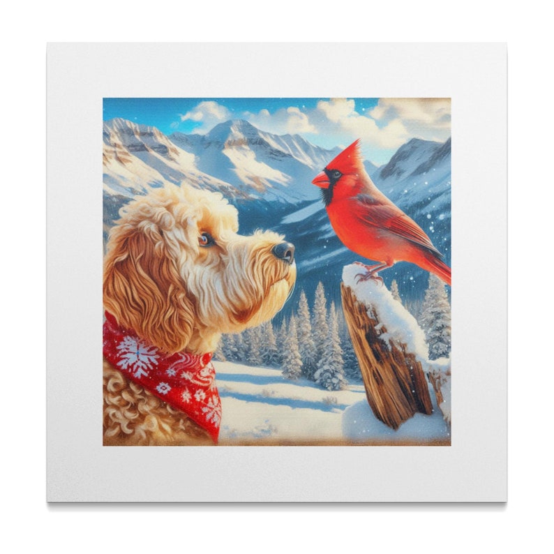 Doodle Dog and Cardinal Art Canvas, Pet Lover Gift image 9