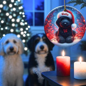 Capture the magic of the season with this adorable black Goldendoodle puppy wearing a festive Santa hat, surrounded by glowing red berries and twinkling snowflakes! Perfect personalized Christmas tree ornament for doodle parents. Add your dog's name (like "Stella") for a heartfelt touch. High-quality ceramic, vibrant print, gold string included. Ideal dog mom/dad gift, stocking stuffer, or memorial keepsake. Handmade holiday charm!