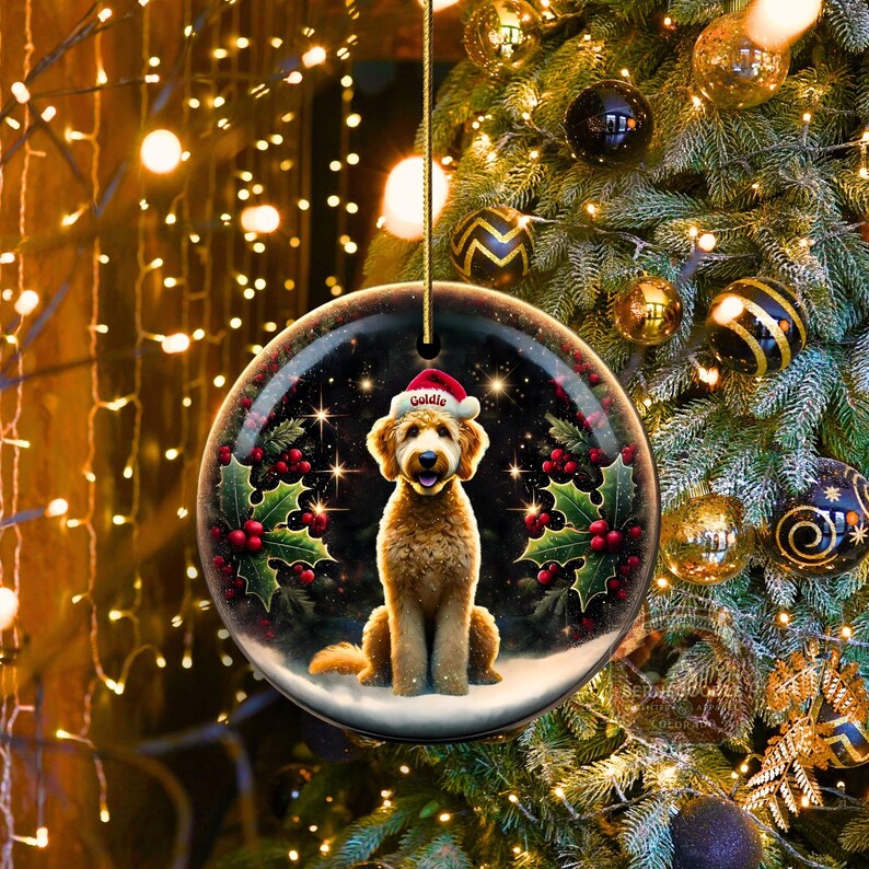 May include: A round Christmas ornament featuring a golden doodle dog wearing a Santa hat with the name "Goldie". The ornament is surrounded by holly and berries, set against a starry night background. The ornament hangs from a gold string.