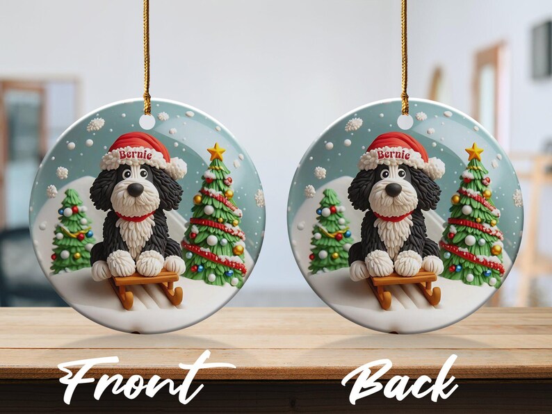 Christmas Ornament, Festive Dog On Sled - Claymation Style Artwork | Sublimation Ceramic | 3-Inch Double-Sided Holiday Decor image 7