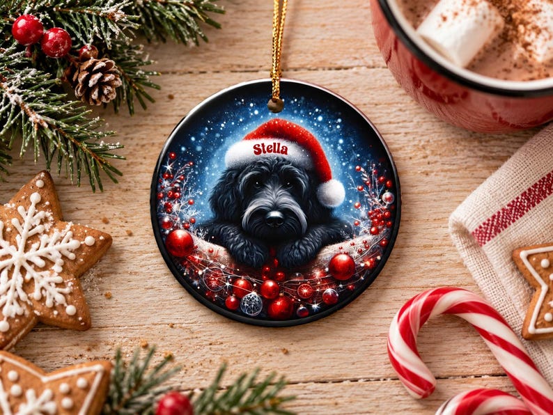 May include: A round ceramic Christmas ornament featuring a black dog wearing a red Santa hat with the name Stella printed on the white trim. The dog is surrounded by red ornaments, berries, and a snowy blue background, hanging by a gold cord.