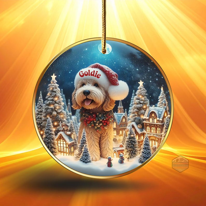 personalized doodle dog ceramic ornament features a charming scene featuring a Goldendoodle Dog nestled inside a festive snow globe scene. The ornament comes personalized with your pup's name. The design is then placed on both sides of the ornament and is finished in a full gloss. This ornament makes a heartwarming addition to your holiday decorations or a thoughtful gift for the dog lover in your life.

* Vibrant and detailed image - Glossy finish