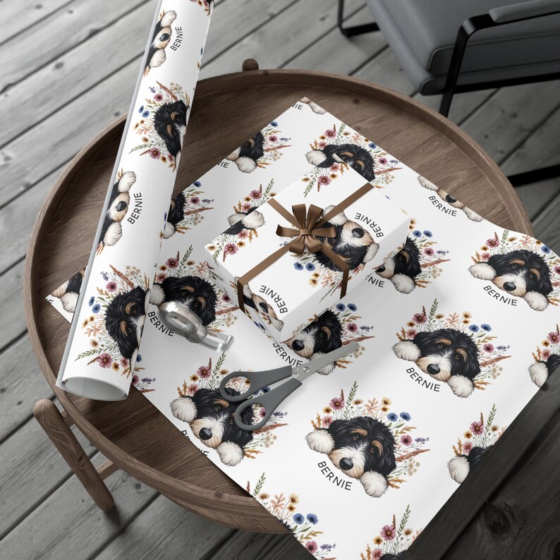 Bernedoodle Gift Wrap, Floral Dog Lover Wrapping Paper image 4