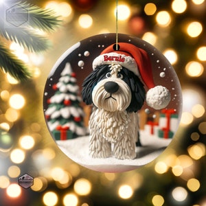 Clay-mation style bernedoodle dog inside of a snowglobe.