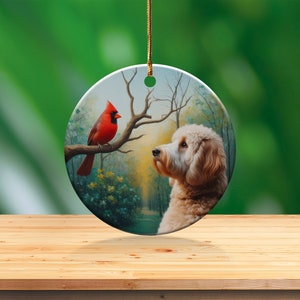 Cardinal and Doodle Dog Ceramic Ornament, Oil Paint Style Design image 7