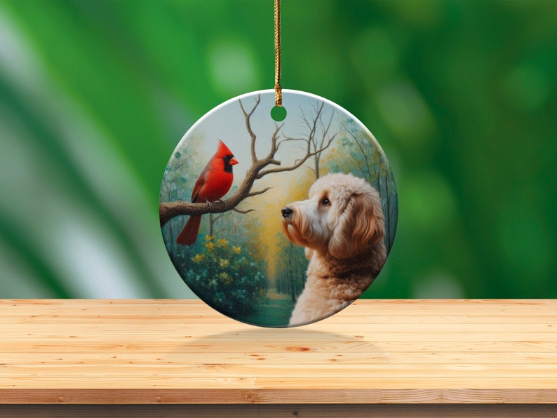 Cardinal and Doodle Dog Ceramic Ornament, Oil Paint Style Design image 7