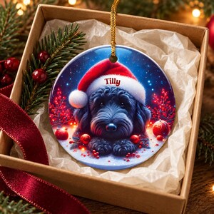 May include: A round ceramic ornament featuring a black dog wearing a red and white Santa hat with the name Tilly printed in red. The background shows a snowy scene with red berries and glowing lights, suspended by a gold cord.