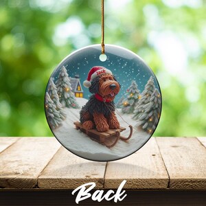 Christmas ornament festive dog on sled winter holiday decor, personalized pet ornament, cute dog in Santa hat Christmas tree decoration