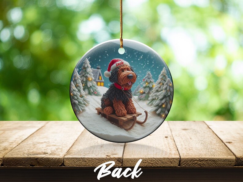 Christmas ornament festive dog on sled winter holiday decor, personalized pet ornament, cute dog in Santa hat Christmas tree decoration