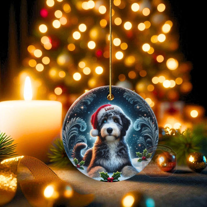 Merle Bernedoodle, Personalized Santa Hat Ornament | Sublimation Ceramic | Custom Dog Lover Gift image 19