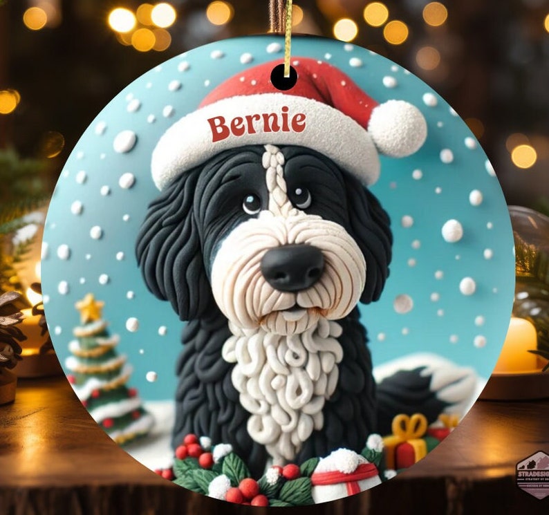 Cute clay style bernedoodle looking worried that Santa isnt coming.  Personalized bernedoodle ornament.