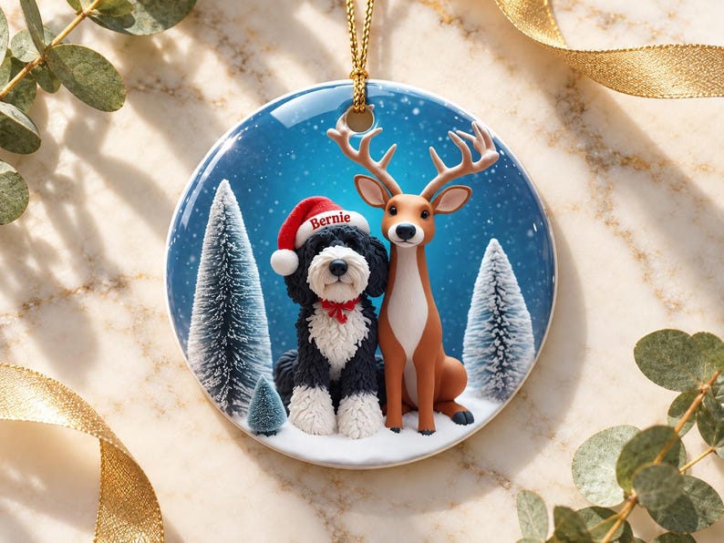 May include: A round ceramic ornament featuring a black and white dog wearing a red Santa hat with the name Bernie printed on it, sitting next to a brown deer in a snowy forest with pine trees under a blue sky, suspended by a gold cord.