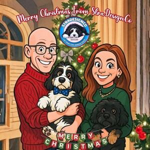 May include: A family portrait with two dogs and a Christmas tree. The image includes the text "Merry Christmas From Stra Design Co" and "We Make Cool Doodle Stuff". The family is smiling and holding the dogs. The dogs are wearing a blue bow tie and a green collar.