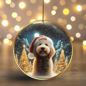 Goldendoodle ceramic ornament, personalized with the dog's name on the Santa Hat!  The piece is 3 inches in diameter and designed in a beautiful ink and oil design.  Front and back print!