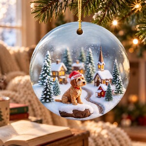 May include: A round, clear glass Christmas ornament featuring a miniature winter scene with a golden-brown dog wearing a red Santa hat with the name Goldie printed on it, surrounded by snow-covered pine trees, small houses, and a church.