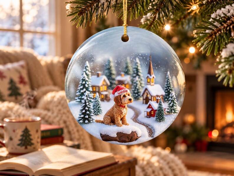 May include: A round, clear glass Christmas ornament featuring a miniature winter scene with a golden-brown dog wearing a red Santa hat with the name Goldie printed on it, surrounded by snow-covered pine trees, small houses, and a church.