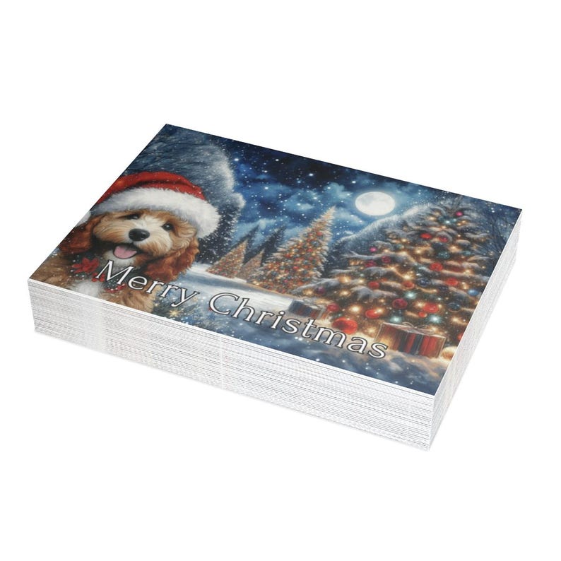 Merry Christmas card, Festive holiday greeting card, Cute dog in Santa hat, Winter wonderland scene, Christmas tree card