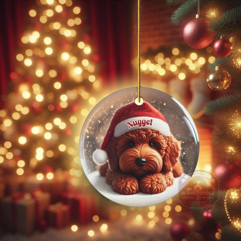 This ceramic ornament features a cute red mini-doodle golden doodle or goldendoodle dog wearing a Santa hat in a snow globe setting, surrounded by holiday decorations. Perfect for adding a festive touch to your Christmas tree or as a thoughtful gift for dog lovers.