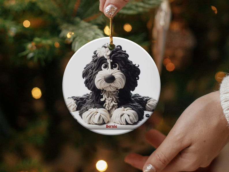 Bernedoodle Ornament, Dog Lover Gift | Sublimation Ceramic | Two-Sided Keepsake, Black White Illustration image 8