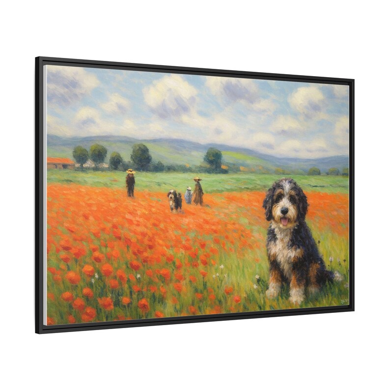 Bernedoodle Classic in un campo di papaveri - Tela incorniciata immagine 6