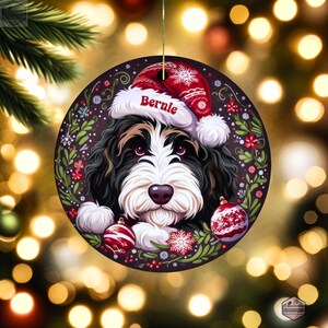 Bernedoodle ornament featuring brown eyebrows and brown highlights