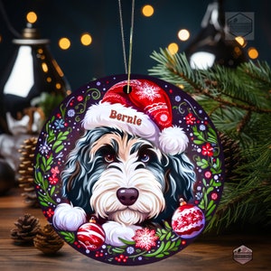 Merle Bernedoodle ceramic ornament with one blue eye and one brown eye!