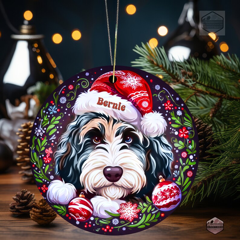 Merle Bernedoodle ceramic ornament with one blue eye and one brown eye!