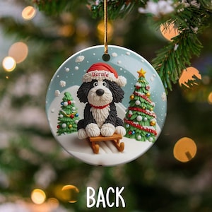 Christmas Ornament, Festive Dog On Sled - Claymation Style Artwork | Sublimation Ceramic | 3-Inch Double-Sided Holiday Decor image 4