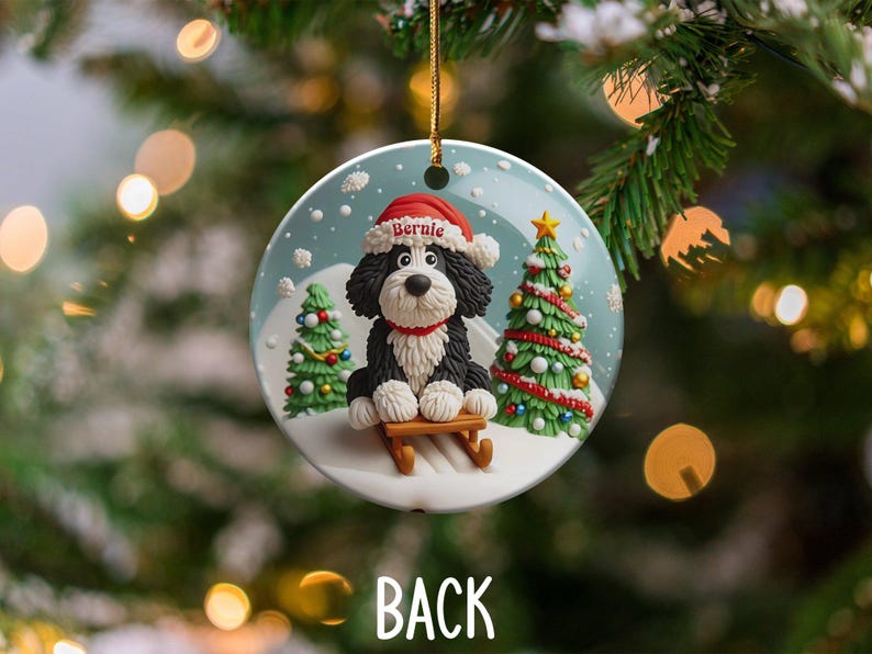 Christmas Ornament, Festive Dog On Sled - Claymation Style Artwork | Sublimation Ceramic | 3-Inch Double-Sided Holiday Decor image 4