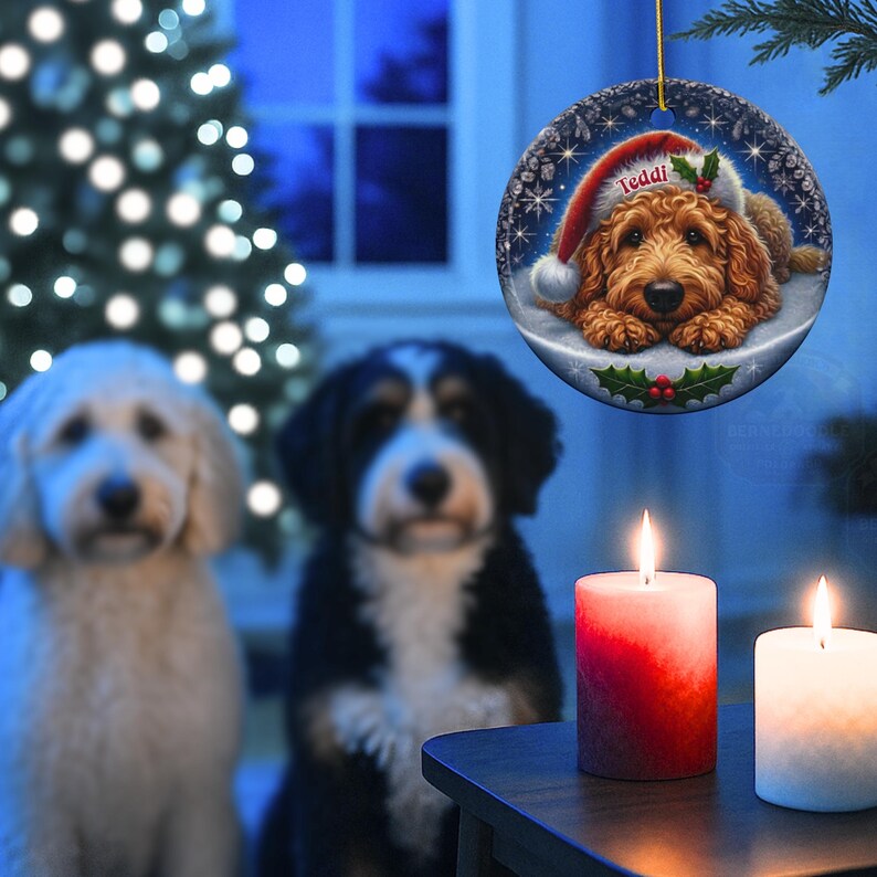 Golden Doodle dog ceramic ornament show hanging with a gold string.  The Goldendoodle Dog ornament measures 3 inches in diameter and is a full gloss, printed on both sides.