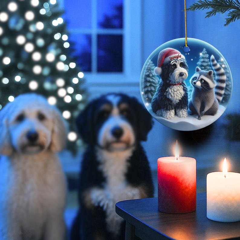 A 3-inch double-sided ceramic Christmas ornament featuring an adorable claymation-style Bernedoodle wearing a red Santa hat personalized  sitting beside a cute raccoon under a snowy winter night sky. The ornament has crisp detailing, soft blue tones, and a warm Christmas glow in the blurred background. Perfect for Bernedoodle lovers, handmade Christmas gift shoppers. High-quality ceramic with vibrant colors, ideal for tree decorating, pet memorial ornaments, or festive seasonal displays.