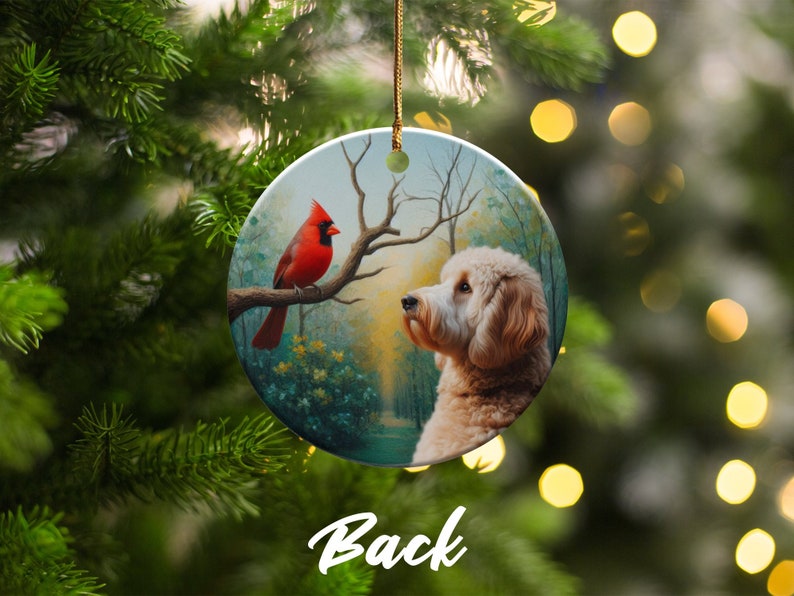 Cardinal and Doodle Dog Ceramic Ornament, Oil Paint Style Design image 9