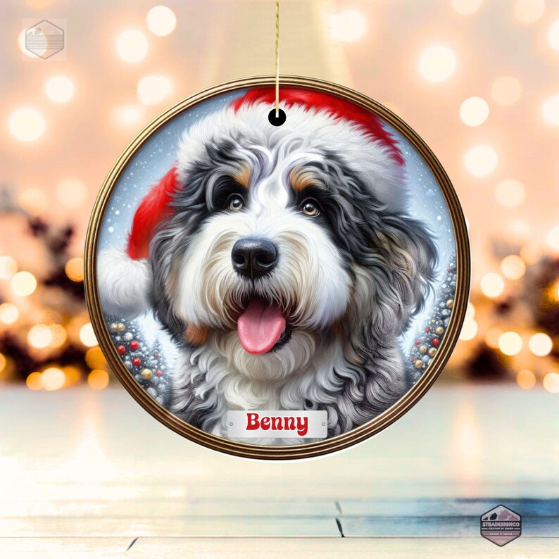 Merle Bernedoodle Fade with Hazel Eyes in a Christmas Ornament - Personalized with Your Dog's Name