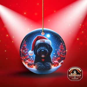 This festive ornament features an adorable black doodle wearing a Santa hat, surrounded by soft glowing holiday lights and rich red Christmas tones. The warm lighting highlights the dog’s fluffy black fur, giving the design a bright, cheerful look that stands out on any tree. A perfect personalized keepsake for anyone who loves black doodles and joyful holiday décor.