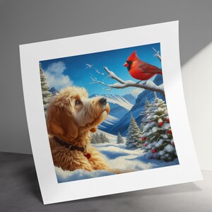 Cuadro de perro Doodle y cardenal, escena invernal. imagen 5