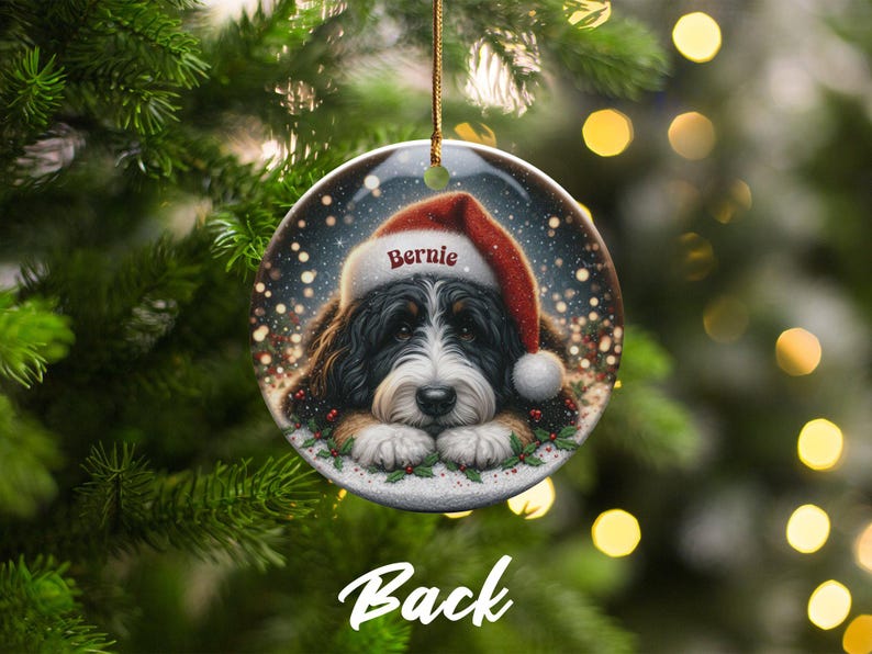Custom Pet Ornament - Bernedoodle Santa Hat Pup, Two Sided Sublimation (3 Inch Round, Ceramic Keepsake) image 4