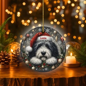 Lover Gift Ceramic, Personalized Sheepadoodle Ornament - Sublimation Print | Double-Sided Artwork | Snowy Winter Keepsake image 10