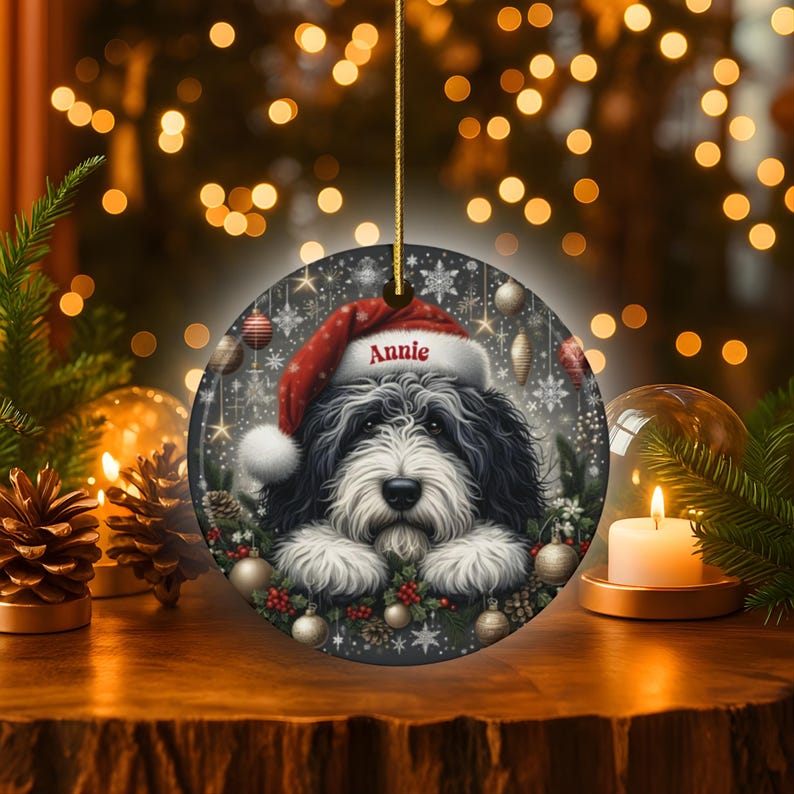 Lover Gift Ceramic, Personalized Sheepadoodle Ornament - Sublimation Print | Double-Sided Artwork | Snowy Winter Keepsake image 10