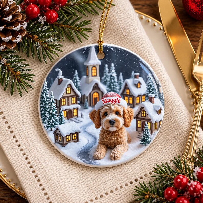May include: A round ceramic Christmas ornament featuring a golden-brown curly-haired dog wearing a white and red Santa hat with the name Maggie printed in red. The background depicts a snowy village with houses and pine trees.
