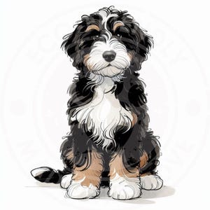 May include: A watercolor illustration of a Bernedoodle puppy sitting. The dog has black, white, and brown fur. The puppy has a fluffy white chest, brown legs, and a black and white tail. The dog is looking forward with a sweet expression.