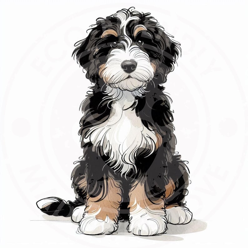 May include: A watercolor illustration of a Bernedoodle puppy sitting. The dog has black, white, and brown fur. The puppy has a fluffy white chest, brown legs, and a black and white tail. The dog is looking forward with a sweet expression.