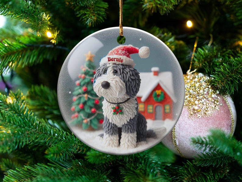 Custom Pet Ornament, Sheepadoodle Snow Scene Keepsake | Sublimation Ceramic | 3 Inch, Double Sided Bild 10