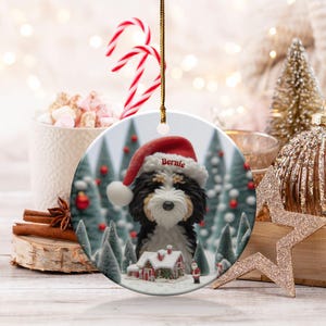 Custom Dog Ornament, Bernedoodle Christmas Gift - Two Sided Sublimation Ceramic Keepsake - Santa Hat Pup Holiday Decor image 9