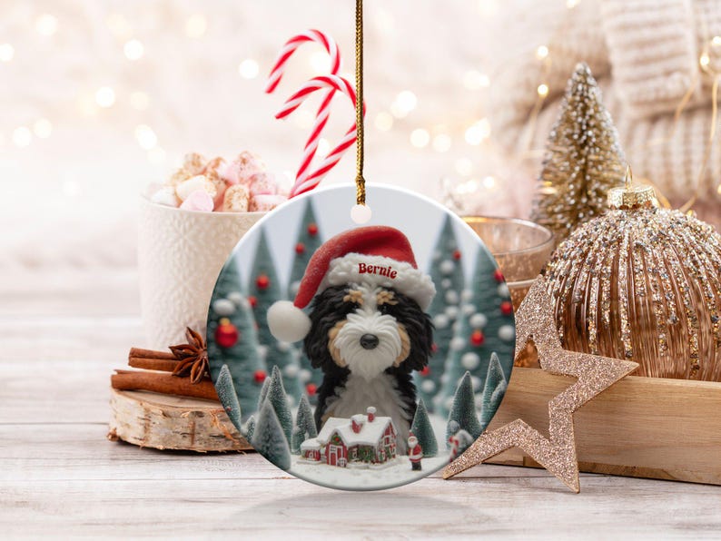 Custom Dog Ornament, Bernedoodle Christmas Gift - Two Sided Sublimation Ceramic Keepsake - Santa Hat Pup Holiday Decor image 9