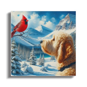 Doodle Dog and Cardinal Canvas Art, Winter Scene image 4