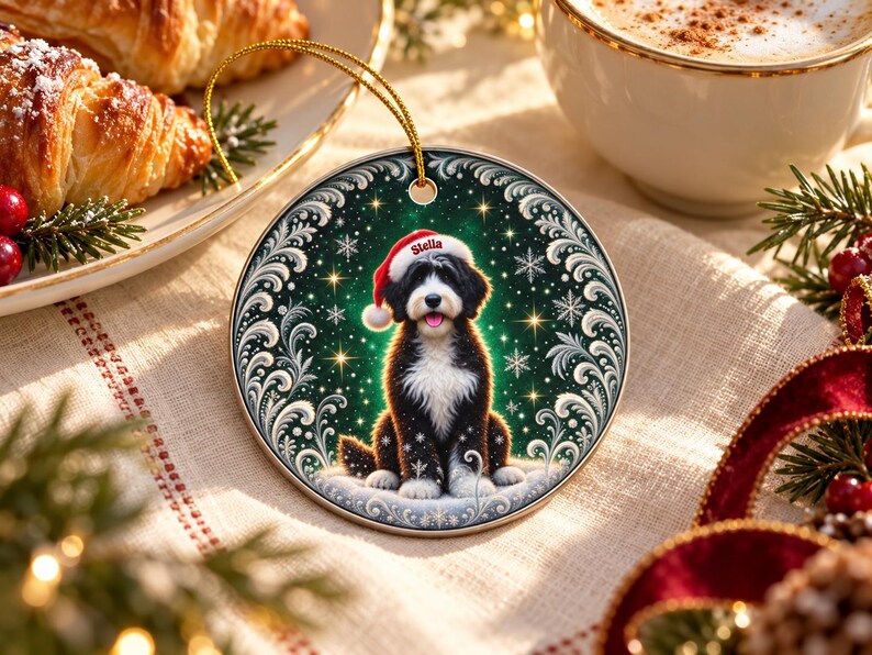 May include: A round ceramic Christmas ornament featuring a black and white dog wearing a red Santa hat with the name Stella printed on the brim. The dog is centered against a dark green background with white snowflakes and gold stars.